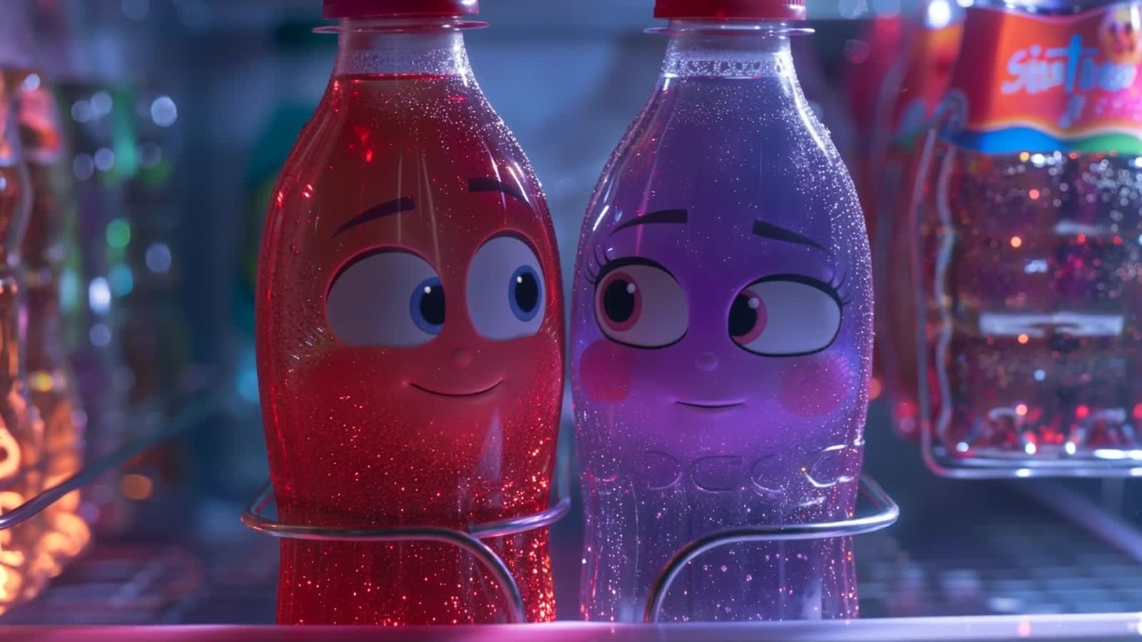 Two animated soda bottles inside a vending machine in A6