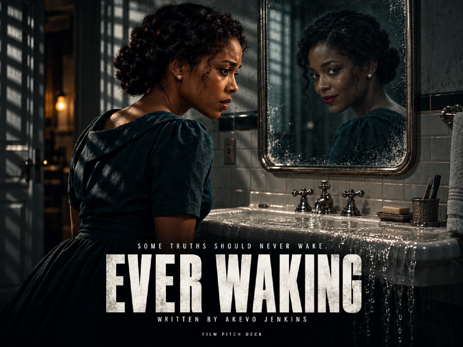 Ever Waking pitch-deck cover: Claudia beside a mirror with an unsettling reflection