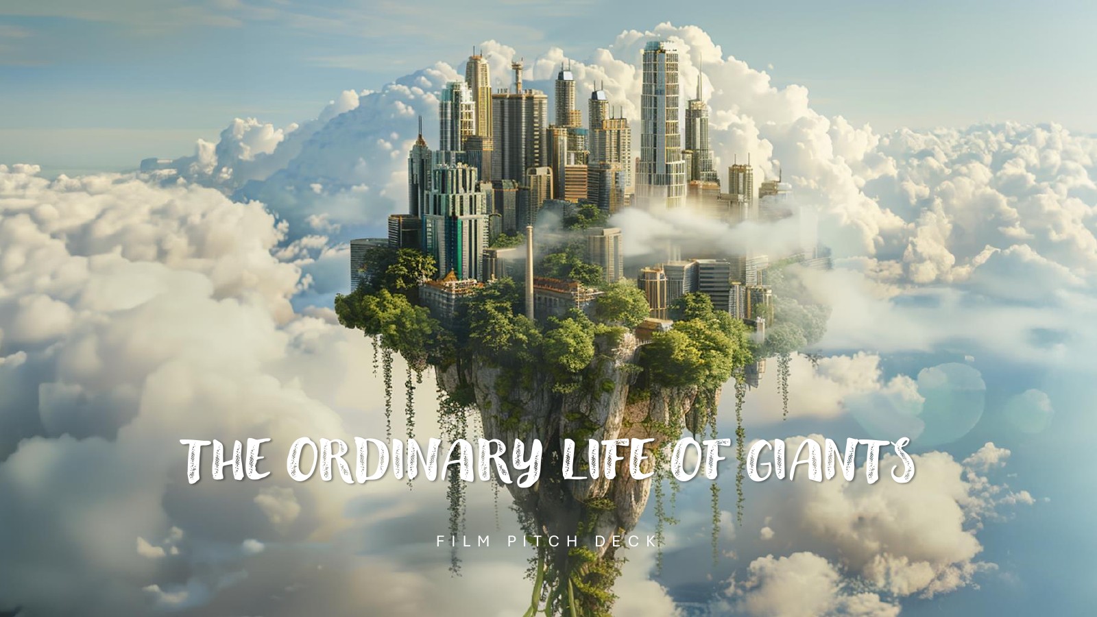 The Ordinary Life of Giants pitch-deck cover, a city above the clouds
