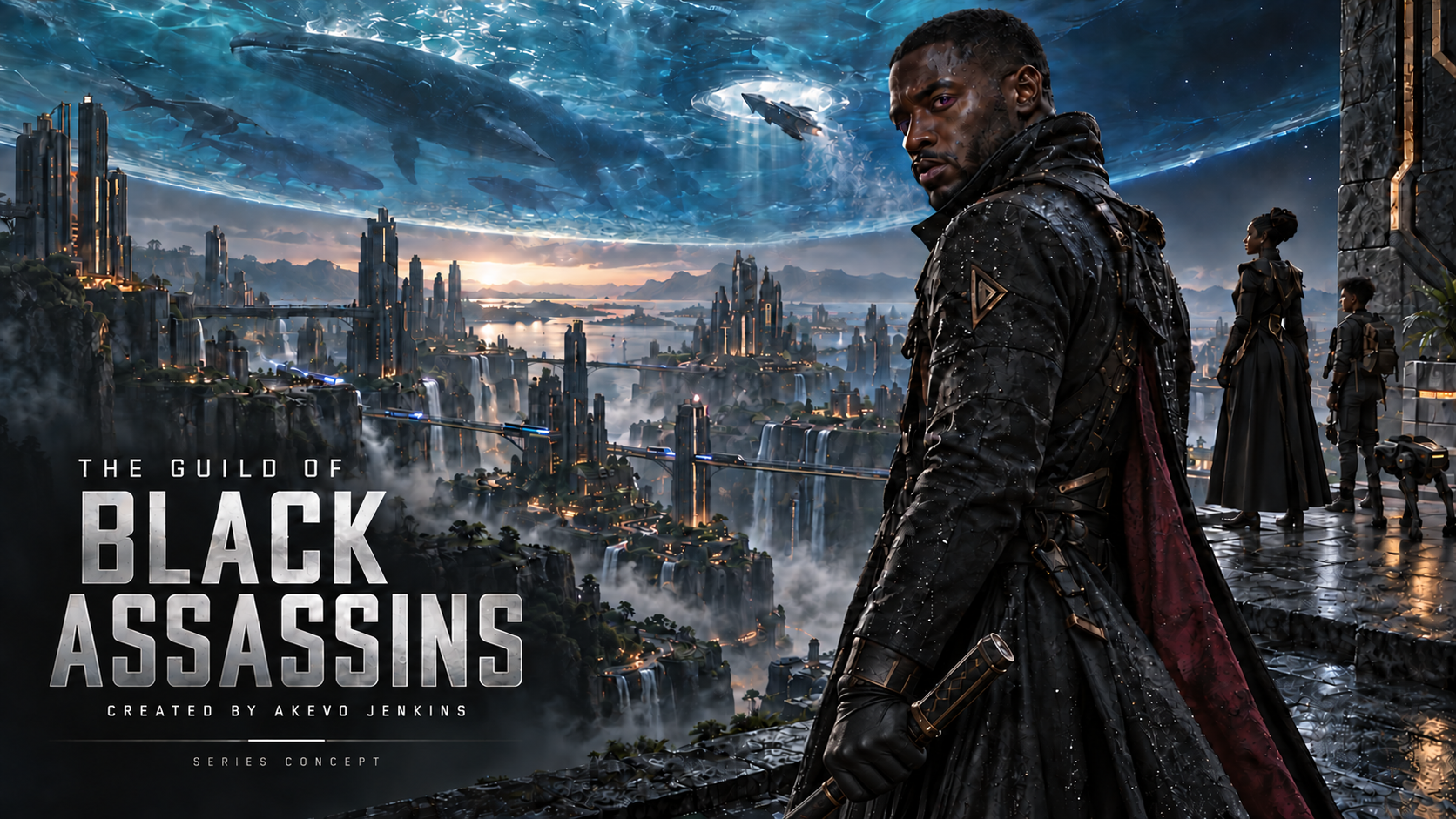 The Guild of Black Assassins artwork showing an armored assassin above a futuristic city