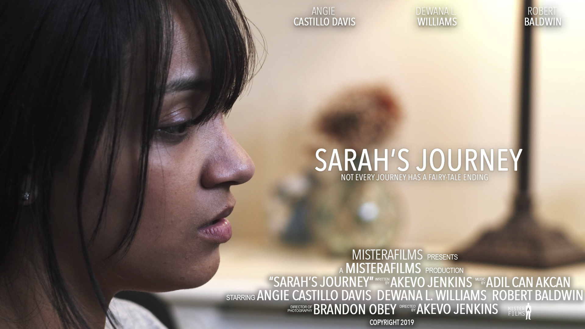 Sarah’s Journey film artwork with a woman in profile, title, cast, and credits