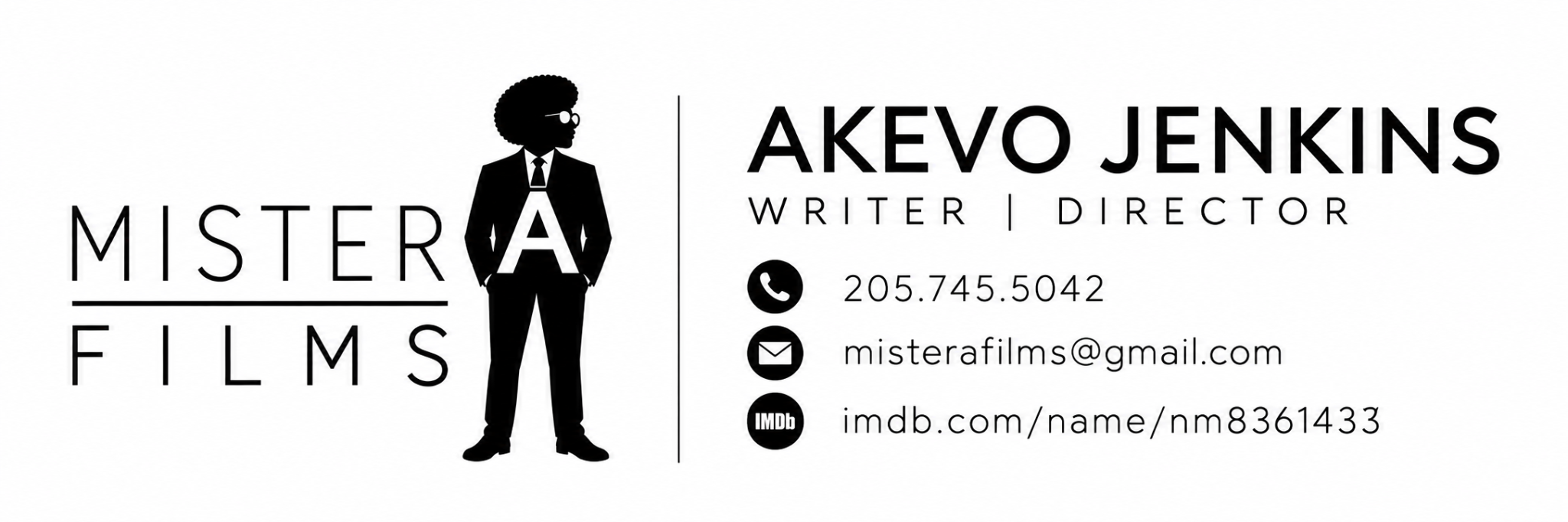 Akevo Jenkins, Writer and Director. Mister A Films signature card.